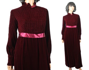 Vintage Maxi Gown Sz S 60s 70s Burgundy Red Velvet Long Sleeve High Collar Dress