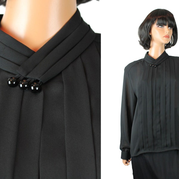 Semi Sheer Blouse 14 L Vintage 80s Black Pleated High Collar Long Sleeve Shirt