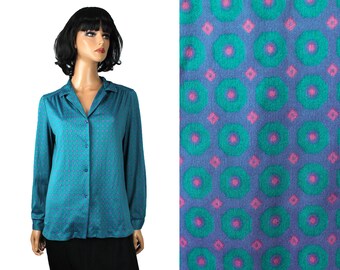 Chemisier géométrique des années 80 Sz L vintage chemise à pois extensible bleu sarcelle violet rose