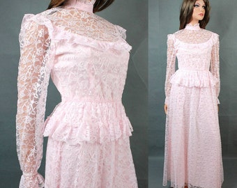 70s Prom Dress XS Vintage Long Sleeve Pink Lace Bridesmaid Formal Gown