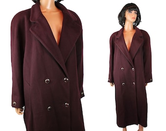 Winter Trench Coat Sz 14 Long Dark Maroon Reddish Purple Wool Blend Overcoat