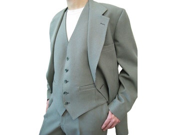 Vintage 3 Piece Suit 41L 37x32 70s Blazer Vest Pants Gray Green Houndstooth Disco Costume