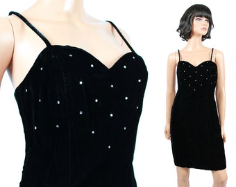 80s 90s Mini Dress XS Black Velvet Rhinestones Sleeveless Cocktail Prom Formal Gown