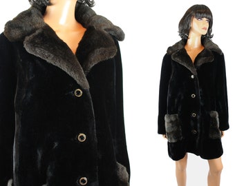 Faux Fur Trench Coat Sz L Vintage Black Brown Seal Mink Borgazia Winter Jacket