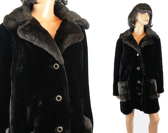 Faux Fur Trench Coat Sz L Vintage Black Brown Seal Mink Borgazia - Main Image