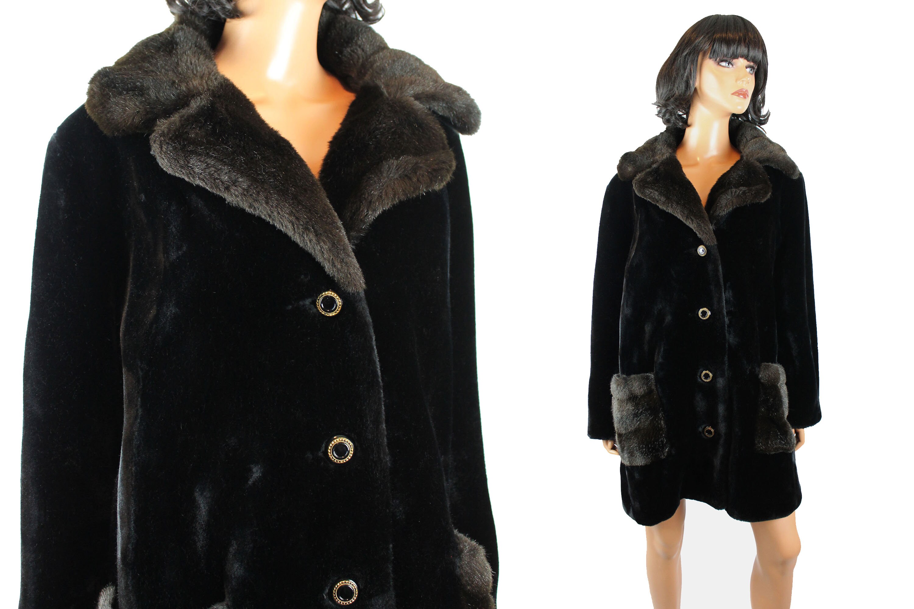 【安心発送】 Faux Fur Trench Coat Sz L Vintage Black Brown Seal Mink ジャケット・アウター