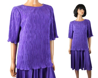 80s Party Dress Sz 7/8 M Vintage Purple Pleated Short Sleeve Flared Skirt Gown