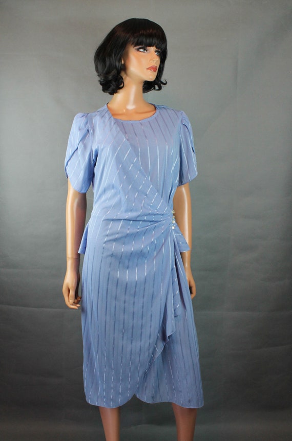 Vintage Wrap Dress Sz M 80s Light Blue Metallic S… - image 4