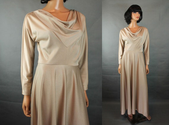 70s Maxi Dress S Vintage Long Sleeve Shiny Beige … - image 1