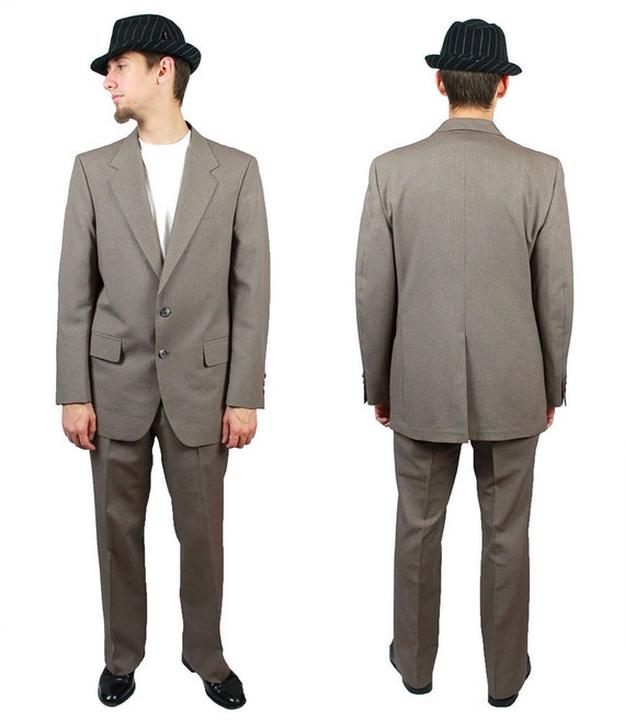 2 Piece Pinstripe Suit 38R 32x31 Vintage Taupe Gr… - image 2