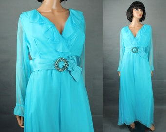 70s Cocktail Gown Sz L Vintage Blue Long Bell Sleeve Ruffled Chiffon Prom Dress