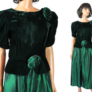 80er Jahre Abendkleid Sz S Vintage Lanz Smaragd Grüner Samt Taft Kurzarm Kleid