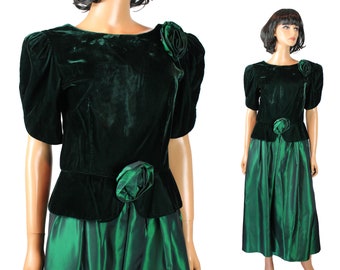 80s Prom Dress Sz S Vintage Lanz Emerald Green Velvet Taffeta Short Sleeve Gown