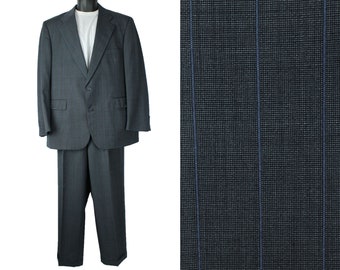 100% Wool 2 Piece Suit 42R 34x30 Vintage 80s Gray Blue Wide Stripe Blazer Pants