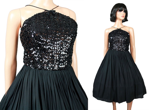 50s Prom Dress XS Vintage Sleeveless Short Black … - image 1