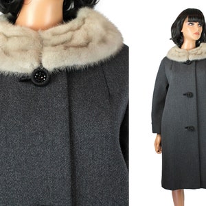 Fur Collar Coat Sz M L Vintage Gray Wool Mink Knee Length Winter