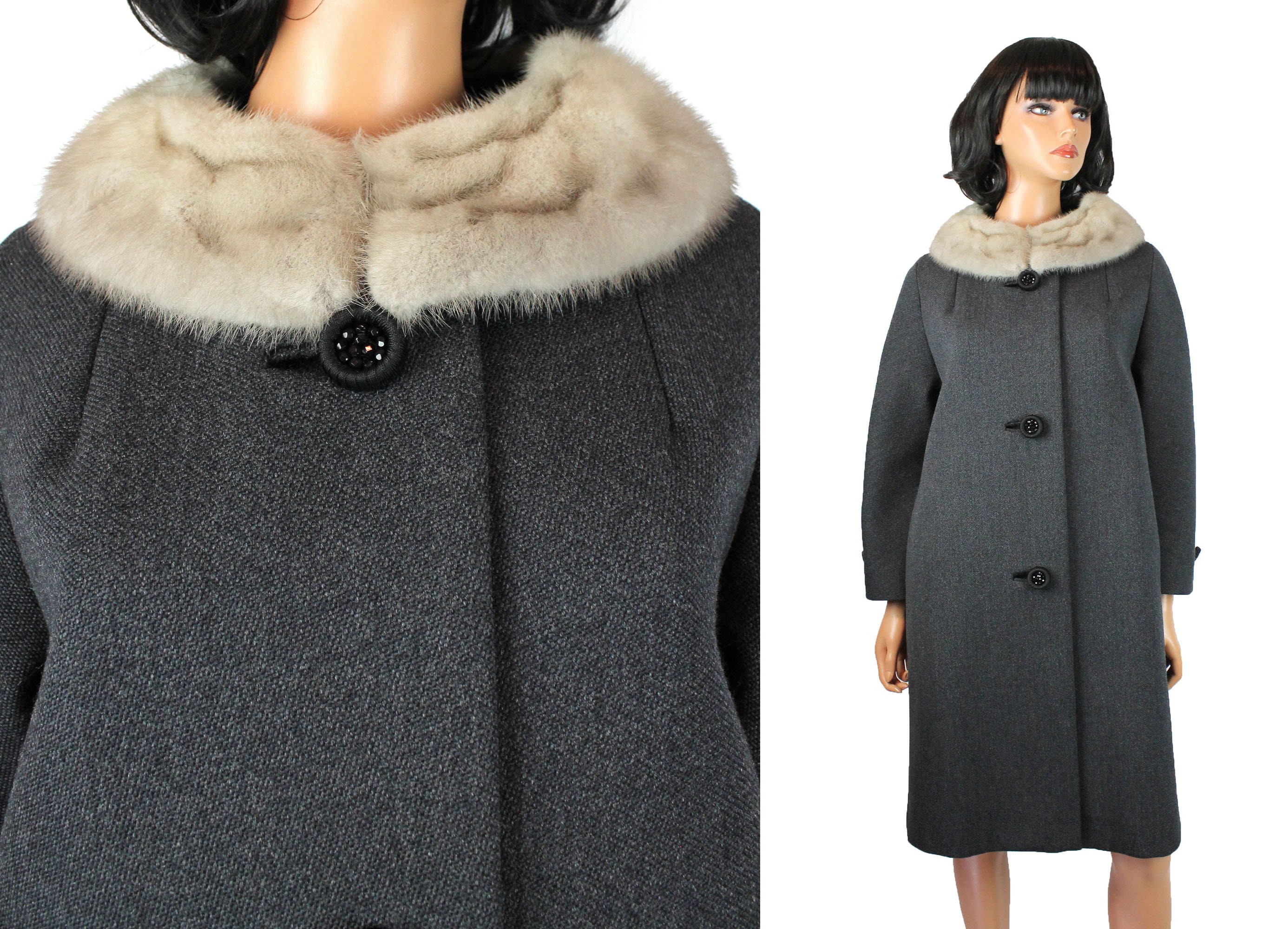 Fur Collar Coat Sz M L Vintage Gray Wool Mink Knee Length Winter