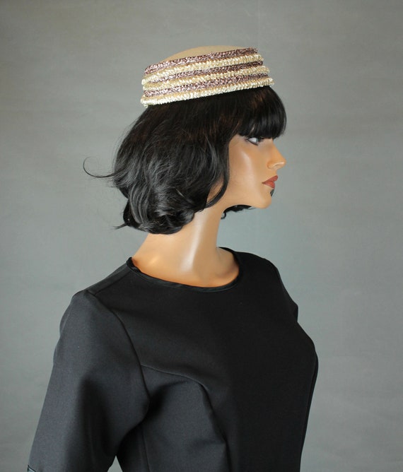 Vintage Pillbox Hat 50s Brown Ivory Beige Striped… - image 5