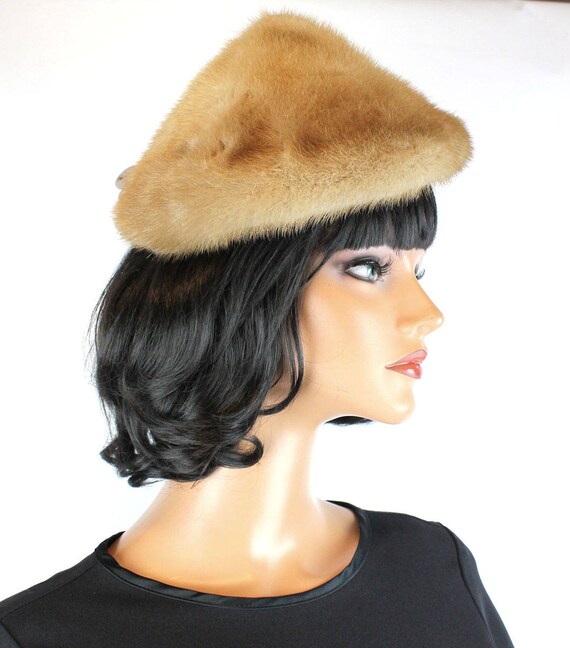 Mink Fur Hat Sz S Vintage 60s Honey Blonde Pointed Conical  display picture 2
