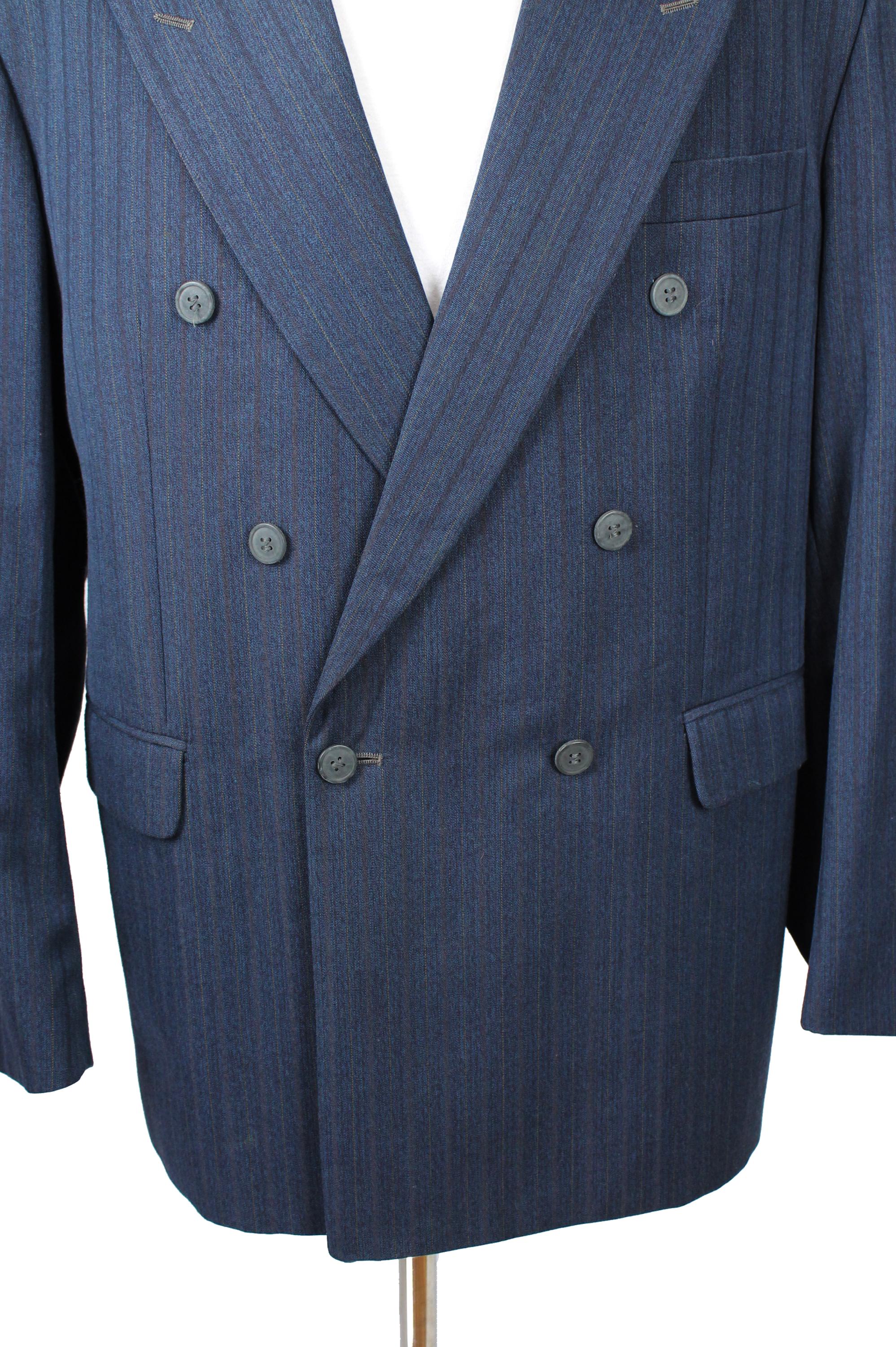 ジャケット・アウター 10s Special Vintage Double Brested Coat Double Breasted Blazer 44R Vintage Blue Brown Pinstripe Wool Blend