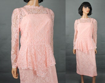 vintage années 80 Robe de bal S Peachy Pink Lace Manches longues Robe de cocktail Blouse Ensemble