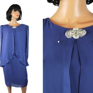 80s Cocktail Dress Sz L Vintage Periwinkle Blue Crepe Beaded Long Sleeve Gown
