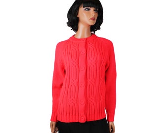 80s Cardigan Sz S M NOS Vintage Super Bright Neon Coral Pink Cable Knit Sweater Deadstock