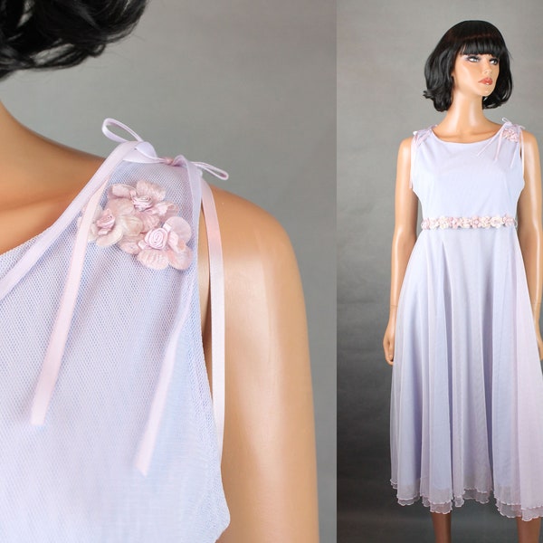 80s Prom Dress 16 L Vintage Purple Blue Tulle Netting Pink Flower Stretchy Dress
