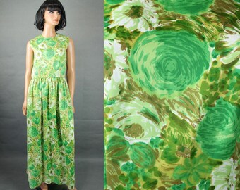 70s Maxi Dress Sz S Vintage Long Green Brown White Floral Sleeveless Gown