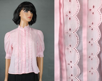 Pink Peasant Blouse S Vintage Eyelet Embroidery Short Sleeve Square Dance Shirt