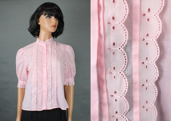 Pink Peasant Blouse S Vintage Eyelet Embroidery S… - image 1