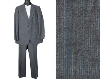 Vintage 2 Piece Suit 44R 38x31 Gray Blue Wool Blend Pinstripe Blazer Pants