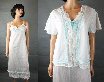 Peignoir Set Sz M Vintage 70s Long White Blue Lace Cup Nightgown Bed Jacket