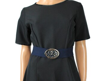 Navy Infinity Stretch Belt 1980s Elastic Gold Double Circle  display picture 3