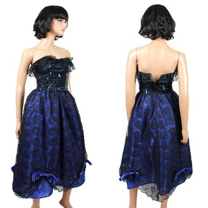 80s Prom Dress Jrs XS Vintage Strapless Black Lace Blue Satin Long Gown image 4