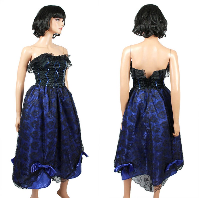 80s Prom Dress Jrs XS Vintage Strapless Black Lace Blue Satin Long Gown image 4