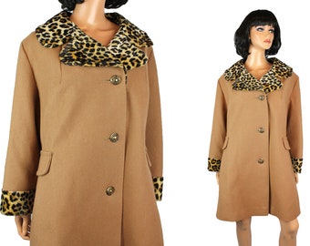 Winter Coat Sz L Vintage 70s 80s Brown Tan Wool Faux Leopard Fur Collar Cuffs