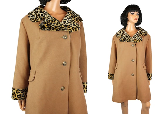 Winter Coat Sz L Vintage 70s 80s Brown Tan Wool F… - image 1