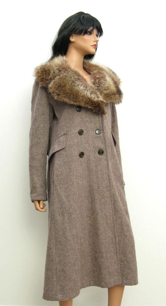 Vintage Princess Coat Sz M - Vintage 70s Brown Herringbone Wool  