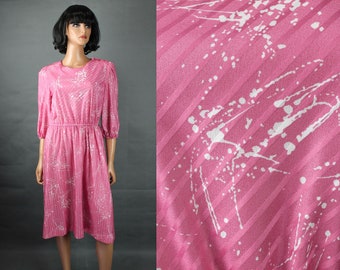 80s Secretary Dress Sz M Vintage Pink White Striped Paint Splatter Flared Skirt