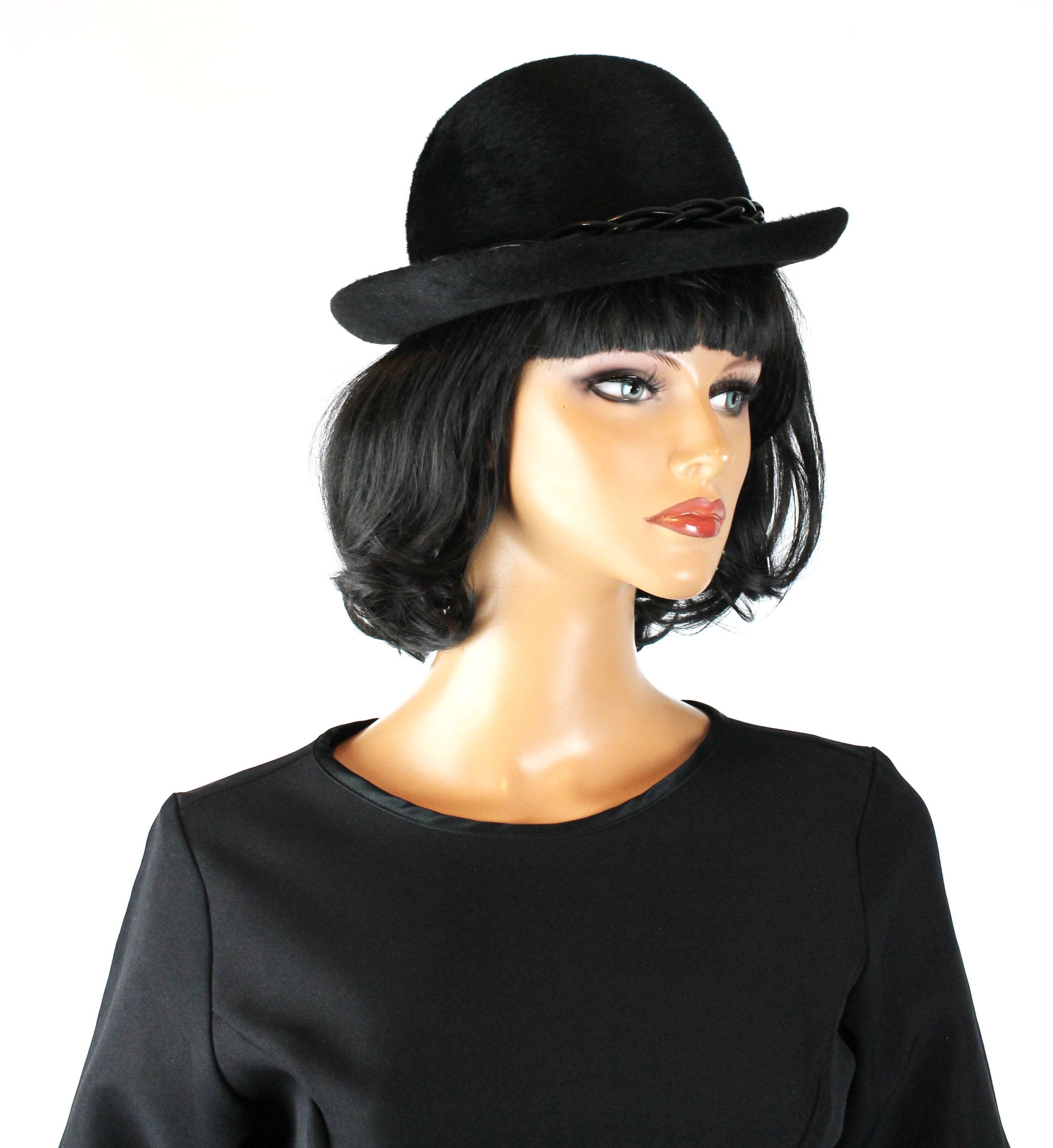 Christian Dior Hat Sz S Vintage 70s Black Fur Felt Vinyl