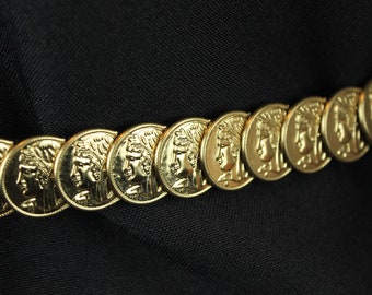 80s Stretch Belt Sz M Thin Gold Metal Roman Coin Black Suede Leather Buckle