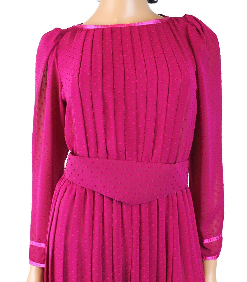 80s Secretary Dress Sz S Vintage Sheer Fuchsia Dark Pink Chiffon Crepe Swiss Dot Free US Shipping