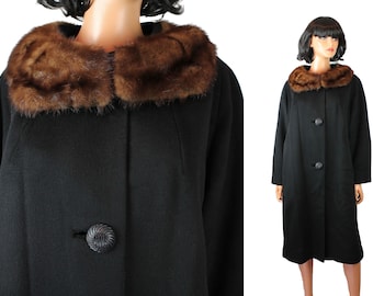 Mink Collar Coat L Vintage 60s Black Wool Brown Fur Long Princess Winter Jacket