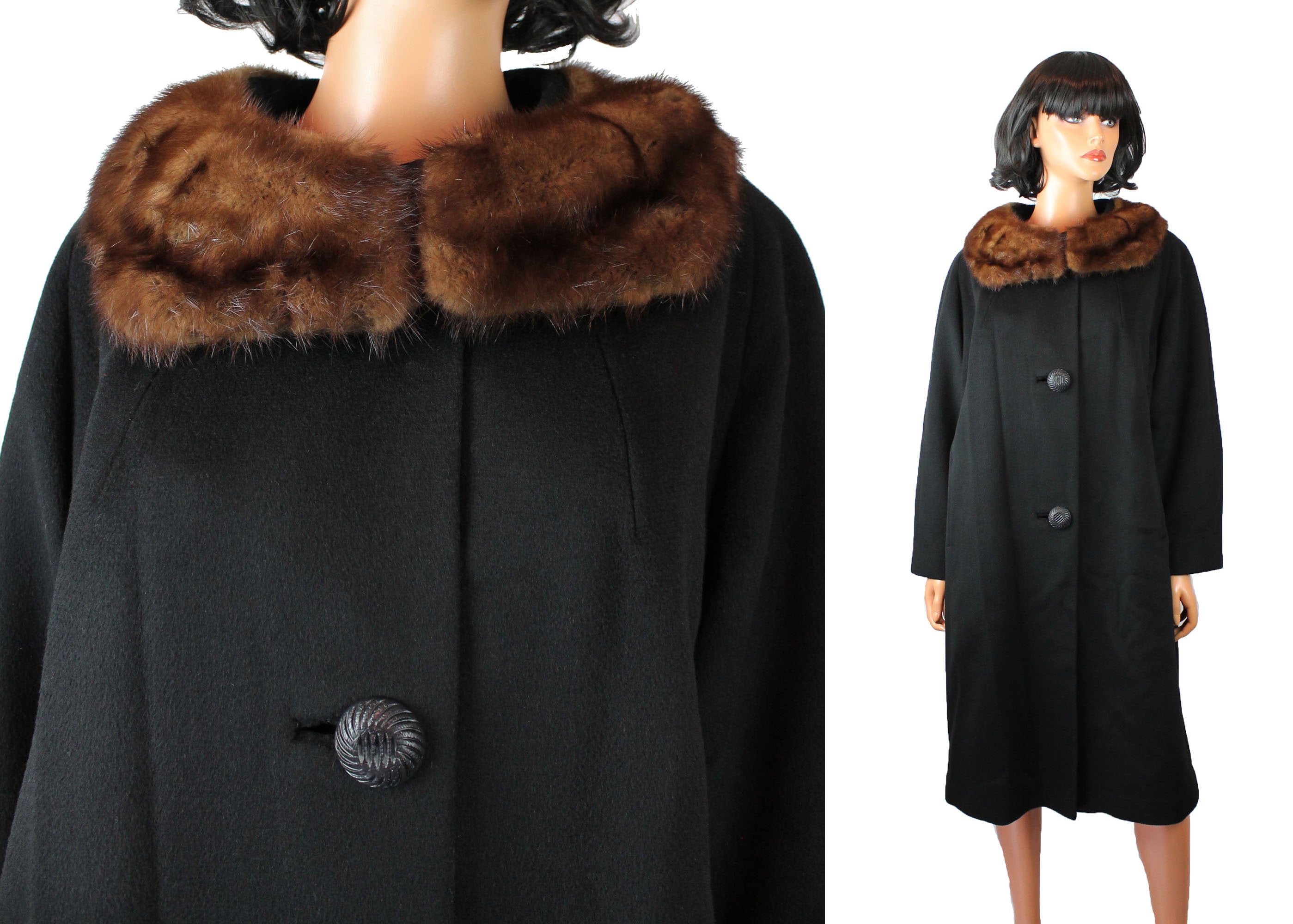 Mink Collar Coat L Vintage 60s Black Wool Brown Fur Long Princess