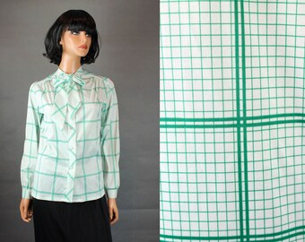 Pussy Bow Blouse Sz M Vintage 80s Green White Checked Plaid Dress Shirt Blair