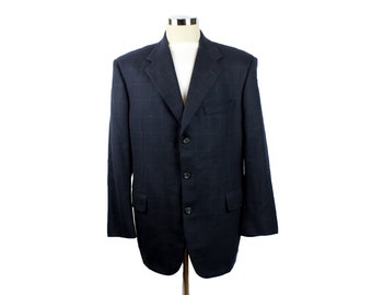 Three Button Blazer 42R Vintage Midnight Blue Brown Checked Wool Jacket Coat