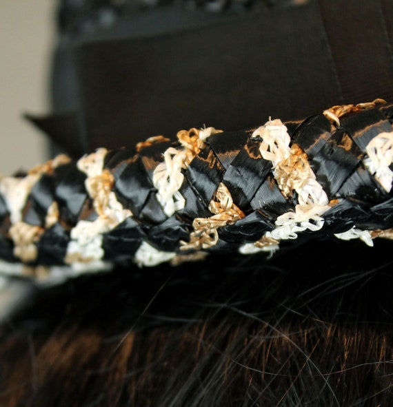 Raffia Bowler Hat S 6 3/4 Vintage 60s Black White… - image 5