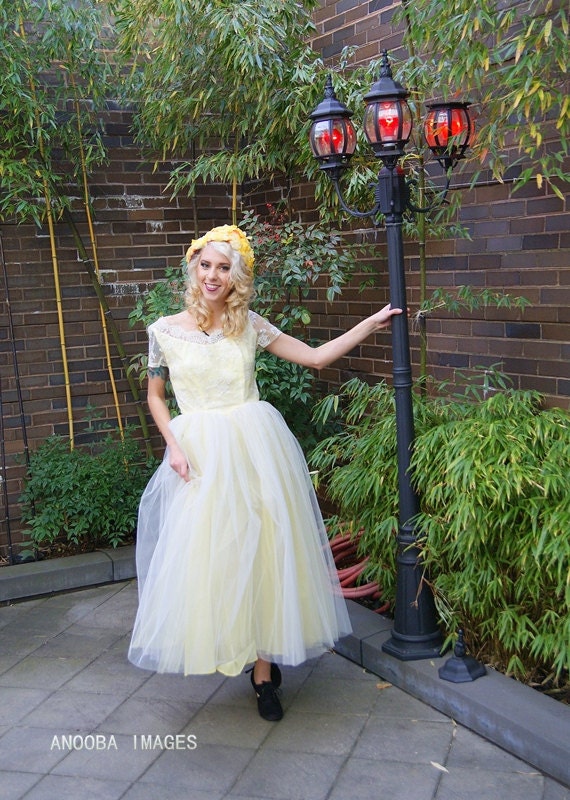 50s Prom Dress Sz S Vintage Long Yellow White Tulle Floral Lace