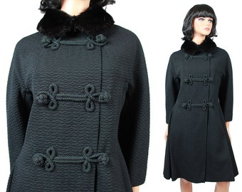 Vintage Princess Coat S M 50s 60s Black Wool Mink Collar Military Style Jacket